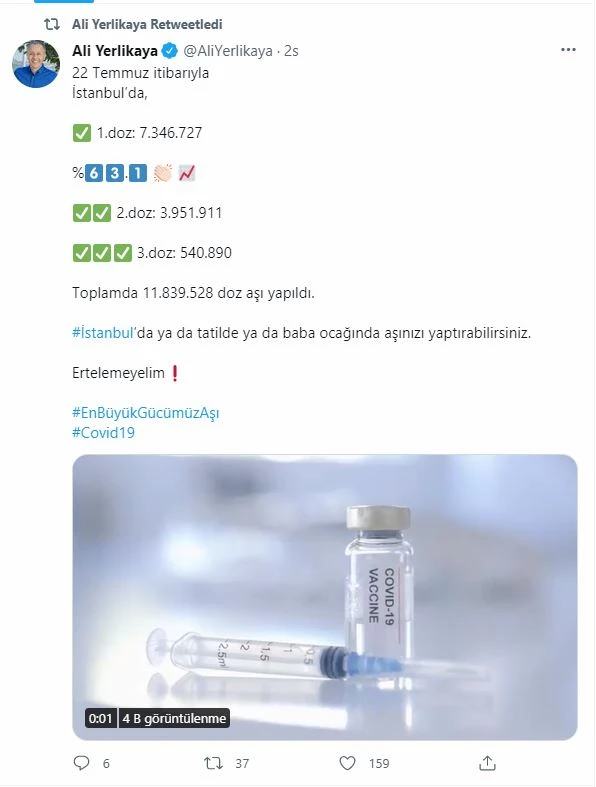 Vali Yerlikaya paylaştı: İstanbul'da aşı sayısı 12 milyona yaklaştı